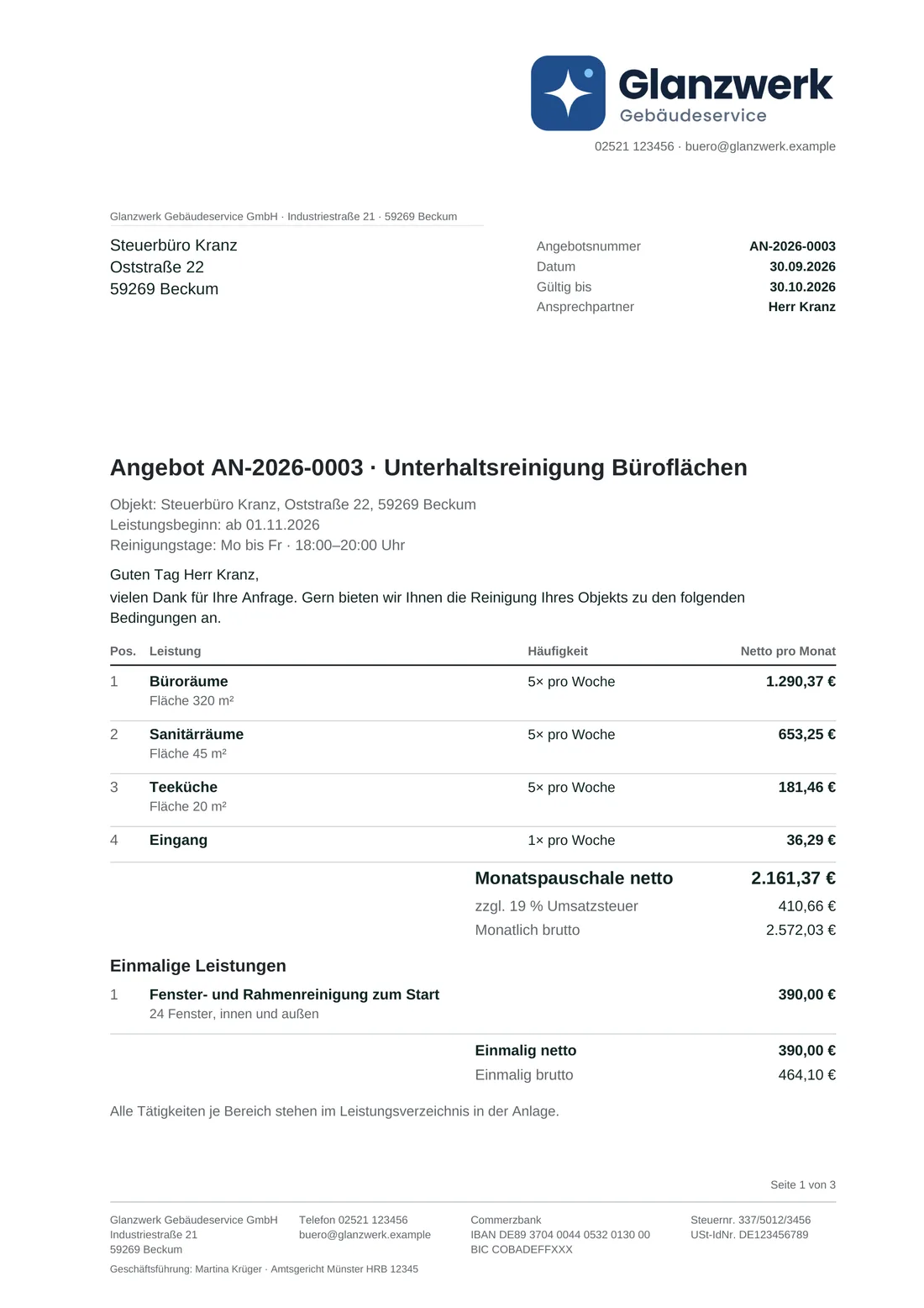 Angebot als PDF im Briefkopf des Reinigungsbetriebs mit Bereichen, Häufigkeit, Monatspauschale und Link zur Annahme