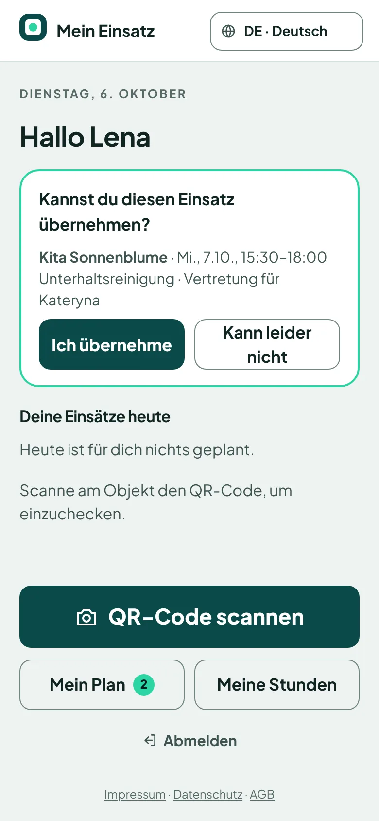 App: Kannst du diesen Einsatz übernehmen? mit den Knöpfen Ich übernehme und Kann leider nicht