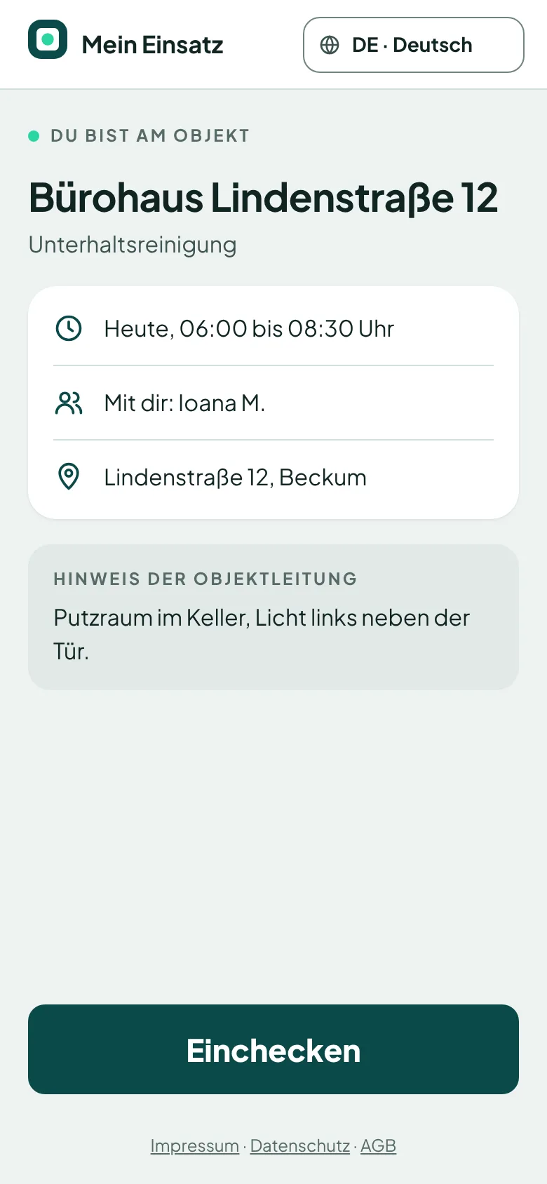 App nach dem Scan mit Objekt, Zeiten, Kollegin und Hinweis der Objektleitung