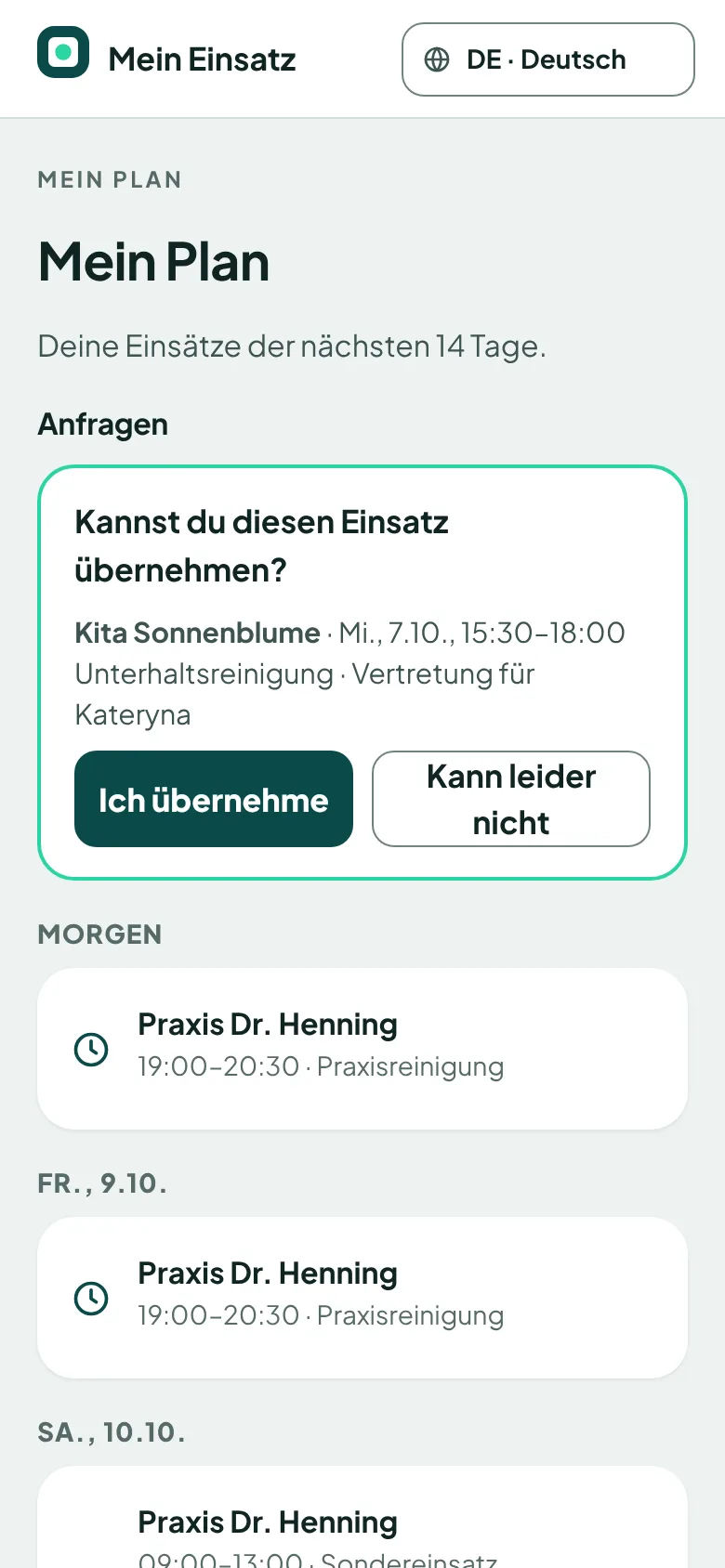 App: Mein Plan mit Anfrage und den Einsätzen der nächsten Tage