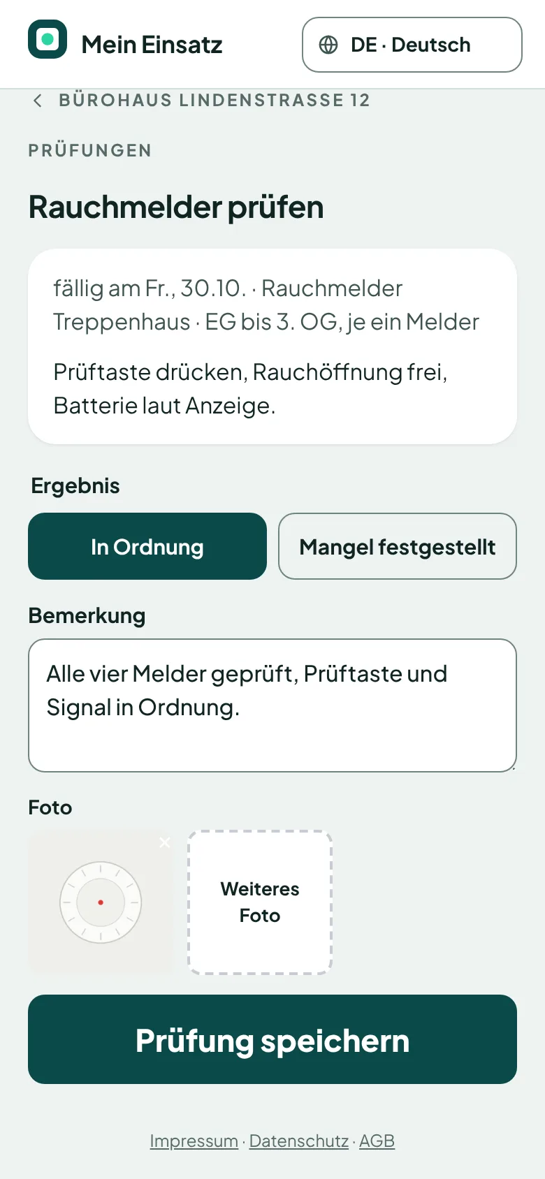 Prüfung in der App: Rauchmelder prüfen, Ergebnis in Ordnung oder Mangel, Bemerkung und Foto