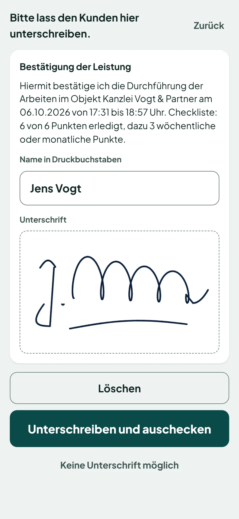 Unterschrift des Kunden in der App