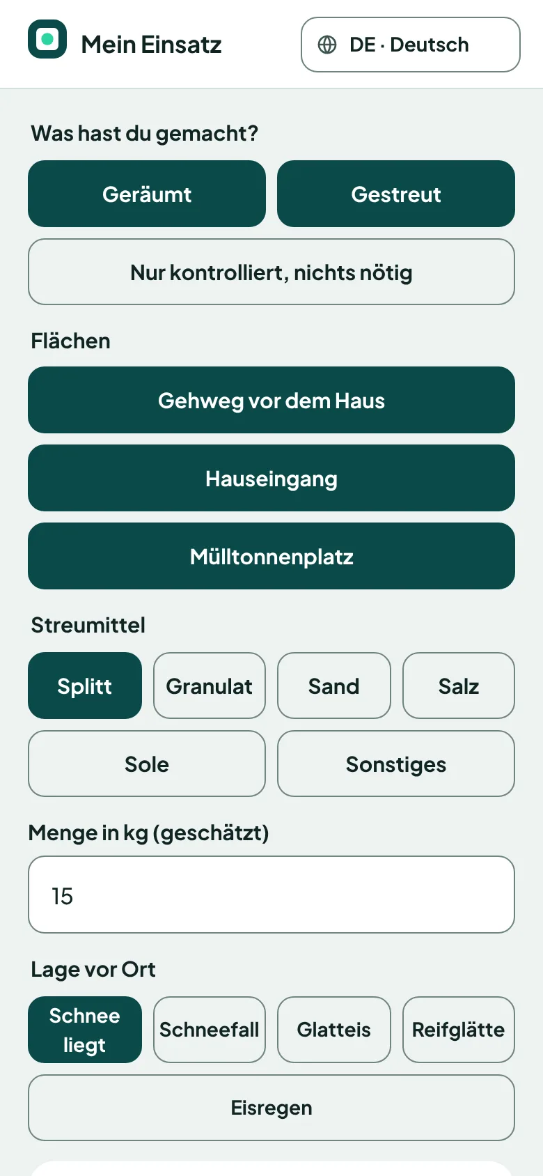 Winterdienst in der App: geräumt und gestreut, Flächen, Streumittel, Lage vor Ort und das Wetter der DWD-Station mit Temperatur