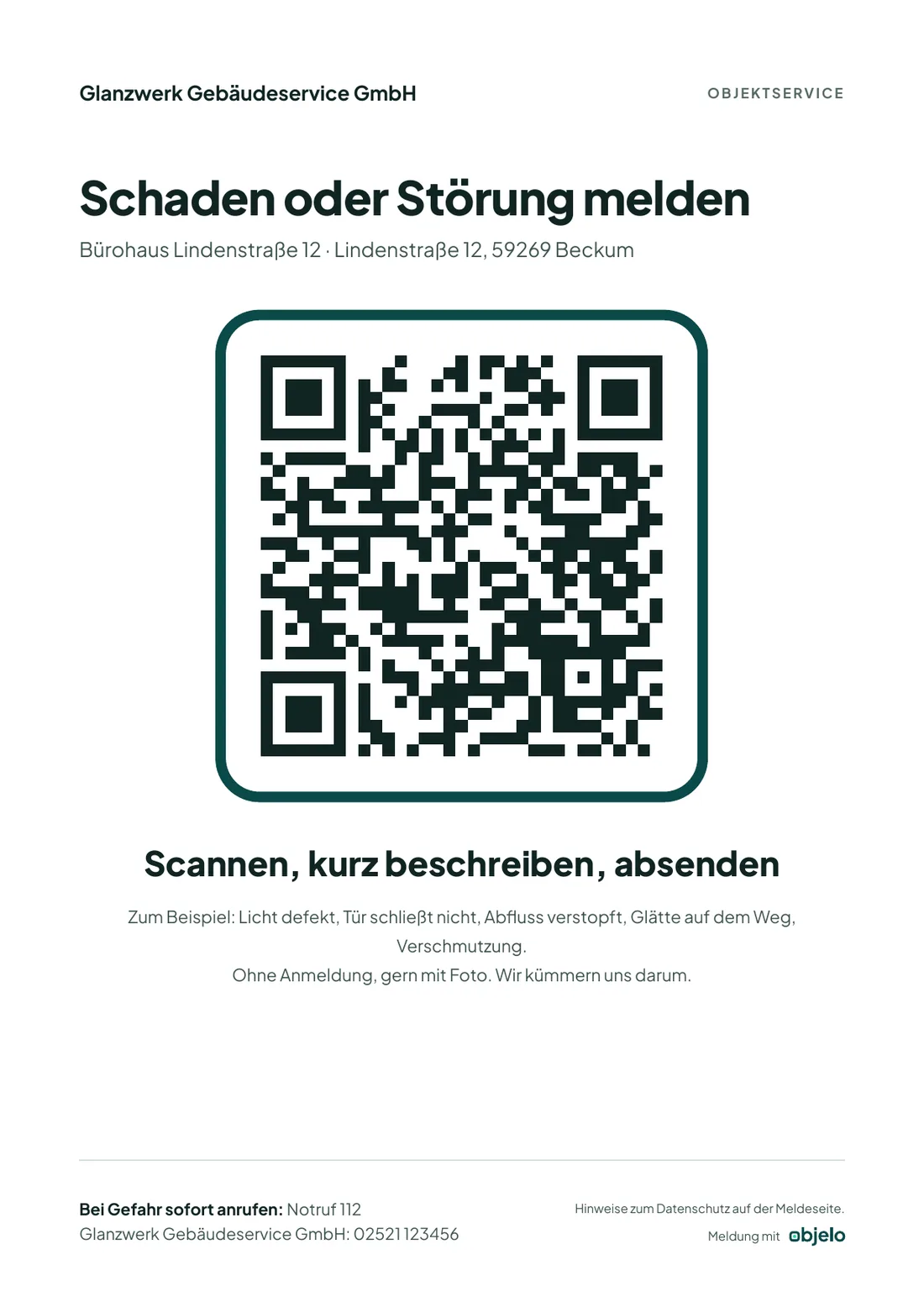Aushang zum Melden: Schaden oder Störung melden, QR-Code, Beispiele und Hinweis auf den Notruf bei Gefahr