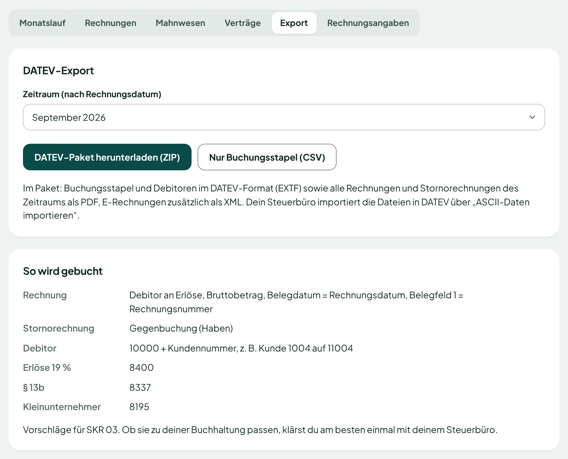 DATEV-Export mit Zeitraum, Paket und Buchungsregeln