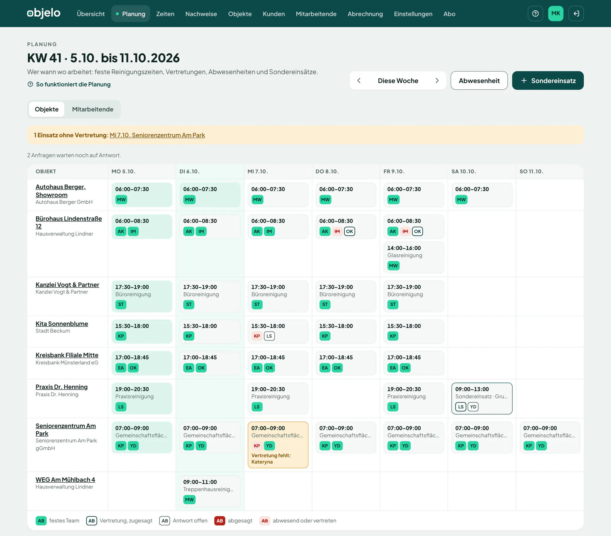 Wochenplan mit Objekten, Reinigungszeiten, Vertretungen, Sondereinsatz und einem Einsatz ohne Vertretung