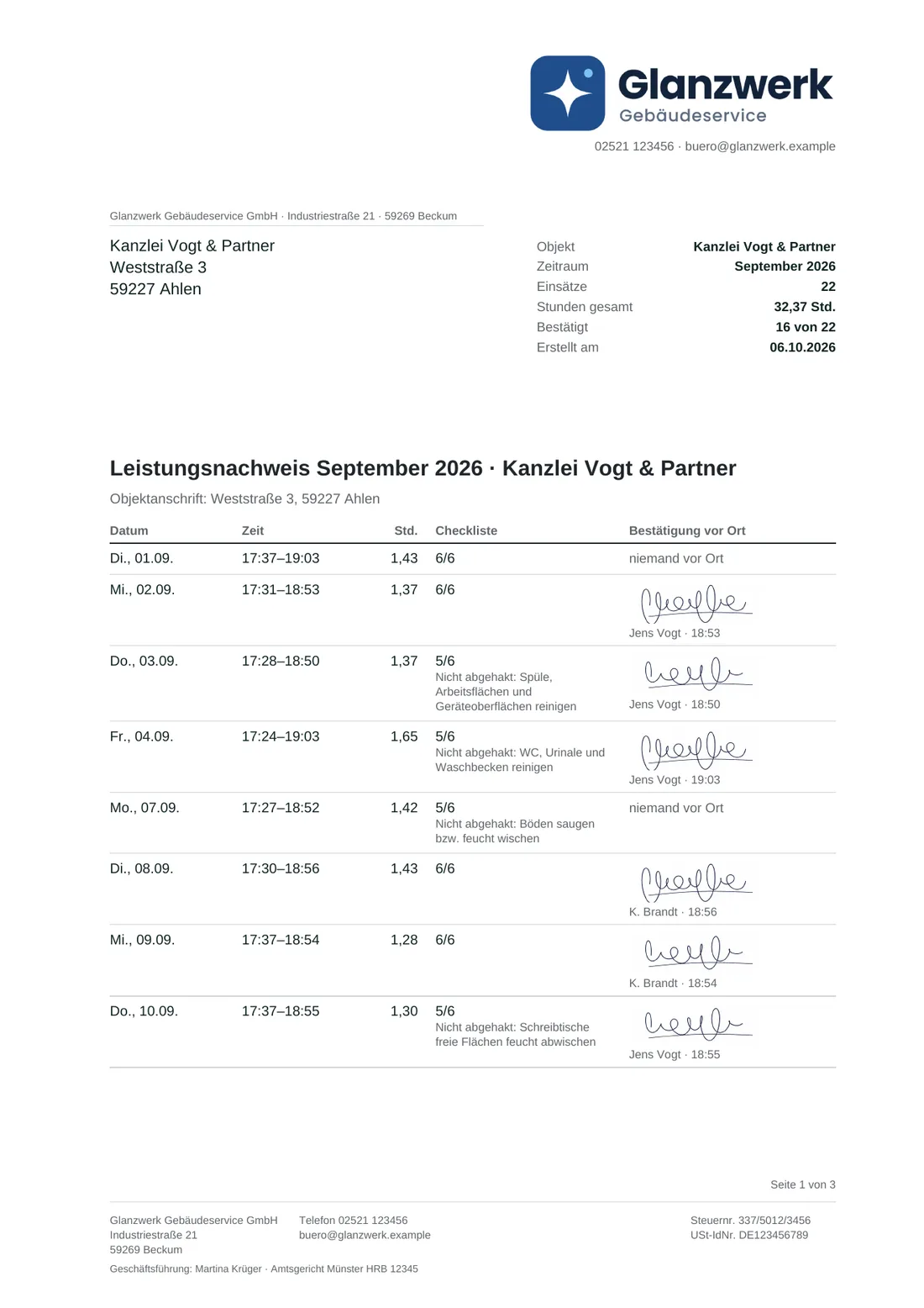 Leistungsnachweis als PDF mit Einsätzen, Checkliste und Unterschriften