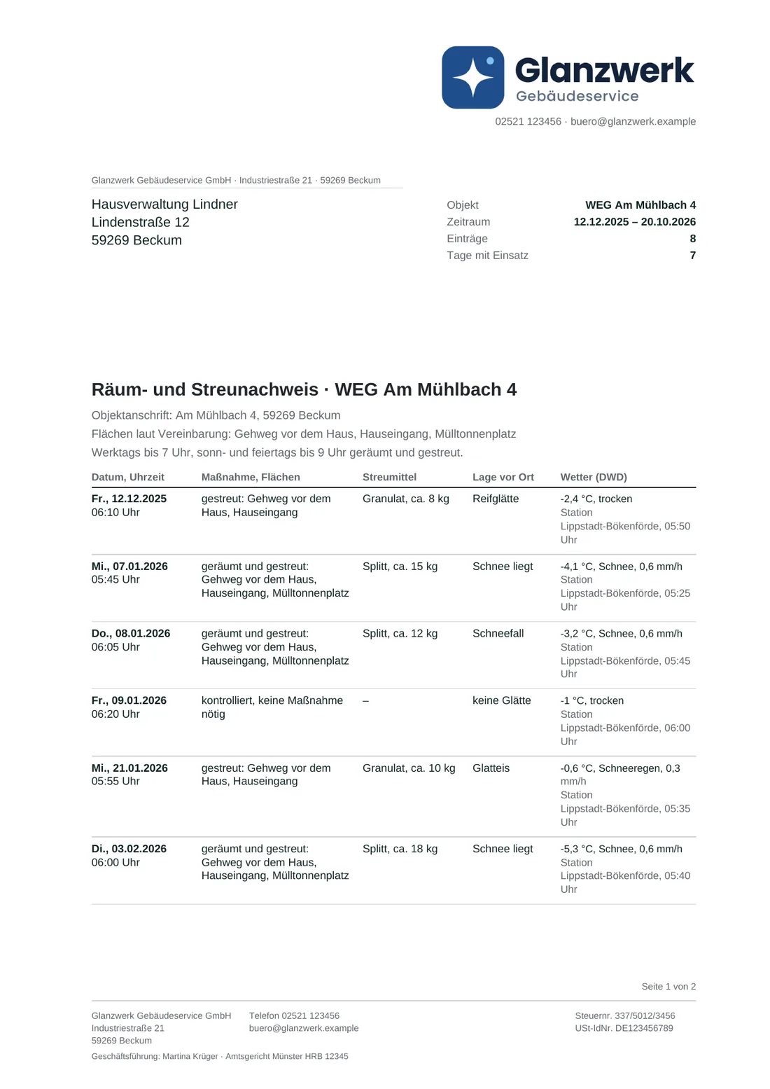Räum- und Streunachweis als PDF: Datum und Uhrzeit, Maßnahme und Flächen, Streumittel mit Menge, Lage vor Ort und Wetter der DWD-Station je Einsatz